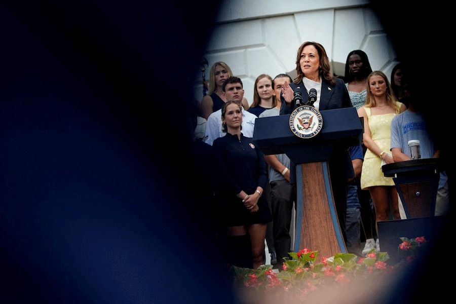 US Vice President Kamala Harris, delivers remarks to the women and men's National Collegiate Athletic Association (NCAA) Champion teams in her first public appearance since President Joe Biden dropped out of the 2024 race, on the South Lawn of the White House, Washington, US, July 22, 2024.
