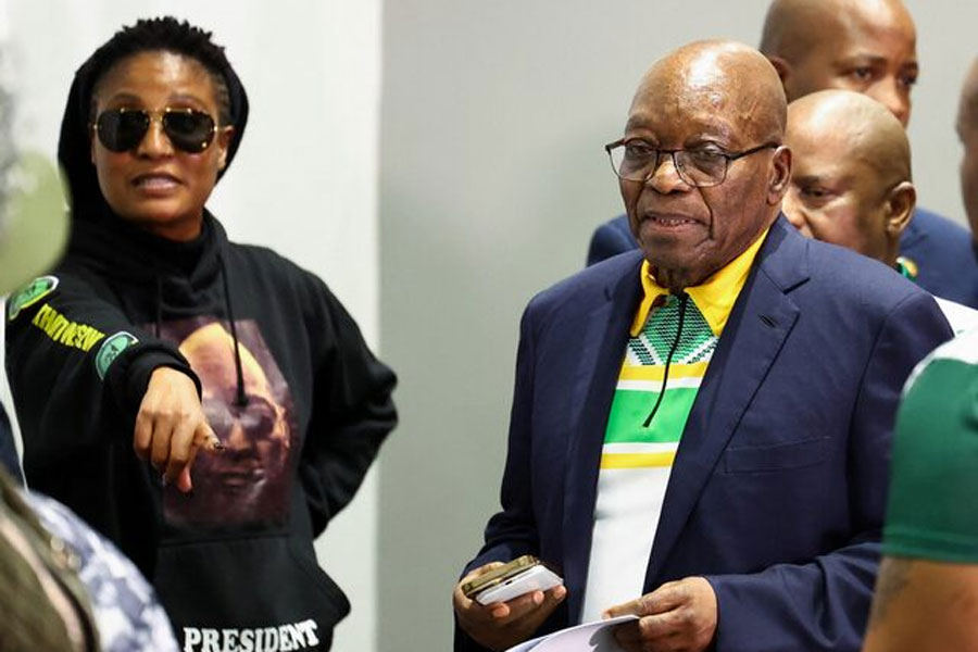 South Africa's former President Jacob Zuma, leader of the uMkhonto we Sizwe party, arrives to give an address on current political developments post-elections, in Sandton, South Africa, June 16, 2024.