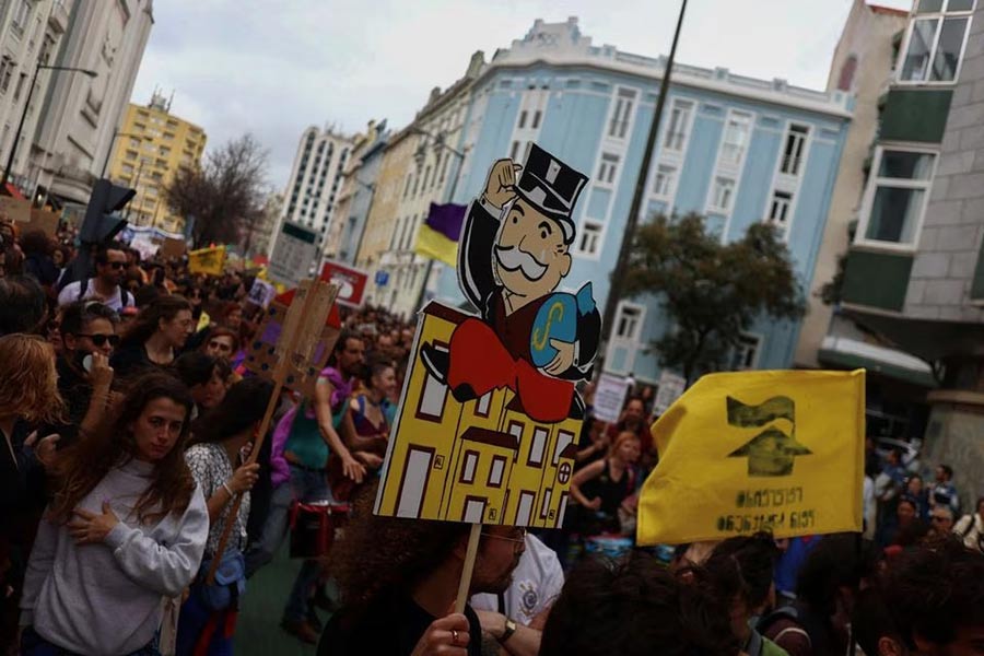 People demonstrating for the right to affordable housing in Portugal on Saturday –Reuters photo