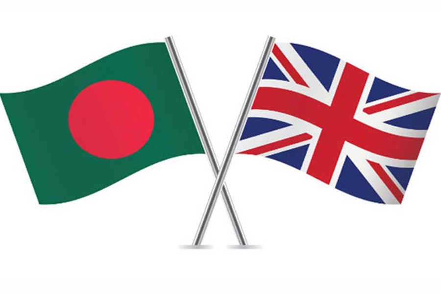 Flags of Bangladesh and the United Kingdom are seen cross-pinned in this photo symbolising friendship between the two nations