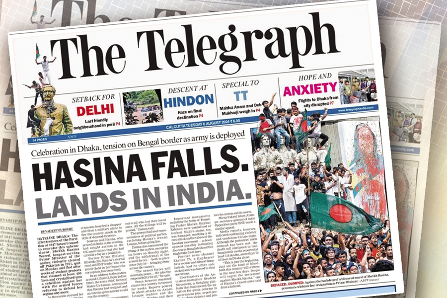 The front page of The Telegraph, an Indian daily, on August 6 focusing the fall of Hasina — Collected