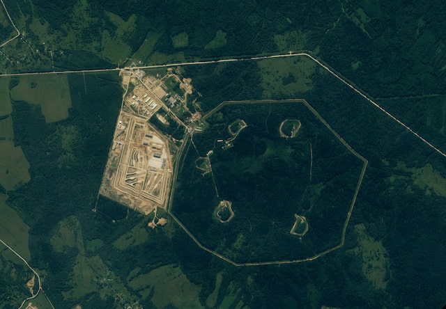 A satellite image shows what is believed to be a deployment site for a Russian nuclear-powered cruise missile, including 5 nuclear warhead storage bunkers (right) and bermed launch positions (lower left), in Vologda, Russia, in this handout image obtained by Reuters on August 27, 2024. Planet Labs PBC/Handout via REUTERS