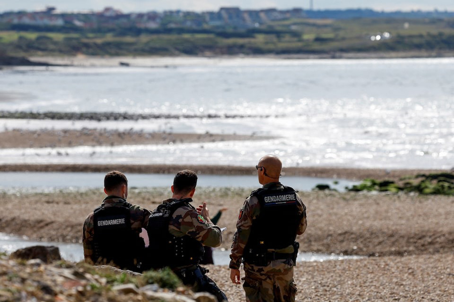 Members of the Gendarmerie patrol at the beach in Ambleteuse, where several people reportedly died trying to cross the Channel from France to England, in Ambleteuse, France, September 15, 2024.