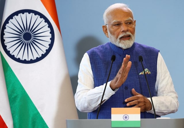 Indian Prime Minister Narendra Modi attends a press conference with Polish Prime Minister Donald Tusk (not pictured) at the Chancellery of the Prime Minister in Warsaw, Poland, August 22, 2024.