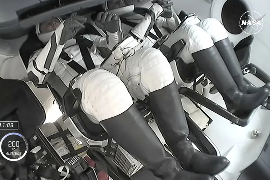 Roscosmos cosmonaut Aleksandr Gorbunov, left, and astronaut Nick Hague travel inside a SpaceX capsue en route to the International Space Station after launching from the Kennedy Space Center in Cape Canaveral, Florida on Saturday, September 28, 2024 — NASA photo via AP