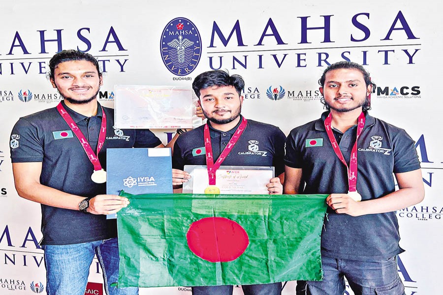 (From left) Jarif Ahmed, Md Maruf Miah, and Abdullah Ibnah Hasan of Team Calibrator-Z that won gold medal at the World Invention Competition and Exhibition (WICE) 2024 under the "IT and Robotics-University" category held in Malaysia recently