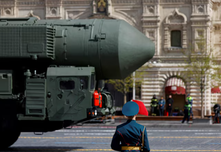 A Russian Yars intercontinental ballistic missile system drives past an honour guard during a military parade on Victory Day, in Red Square in central Moscow, Russia May 9, 2022. REUTERS/Maxim Shemetov/File Photo