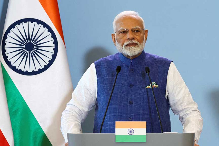 Indian Prime Minister Narendra Modi attends a press conference with Polish Prime Minister Donald Tusk (not pictured) at the Chancellery of the Prime Minister in Warsaw, Poland, August 22, 2024.