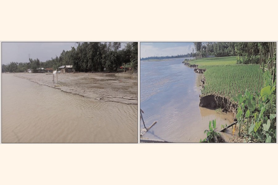 Photos show an inundated cropland at a village in Kalamati area of Sadar Upazila in Lalmonirhat district (left) and Teesta riverbank erosion swallow crop field at Char Khitab in Ghorial Danga union, Rajarhat upazia in Kurigram district