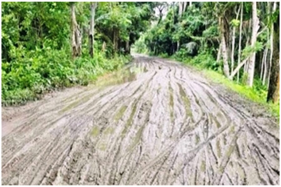 A view of the dilapidated Puranbazar-Dokanghar Road in Chandpur Sadar upazila