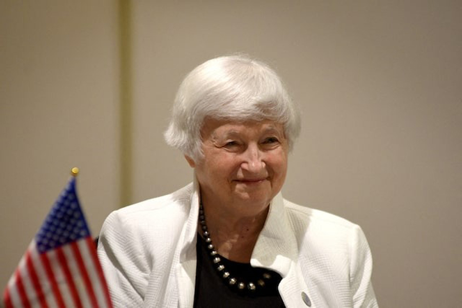 US Treasury Secretary Janet Yellen reacts during a meeting with UK Finance Minister Rachel Reeves in Rio de Janeiro, Brazil, on July 25, 2024.