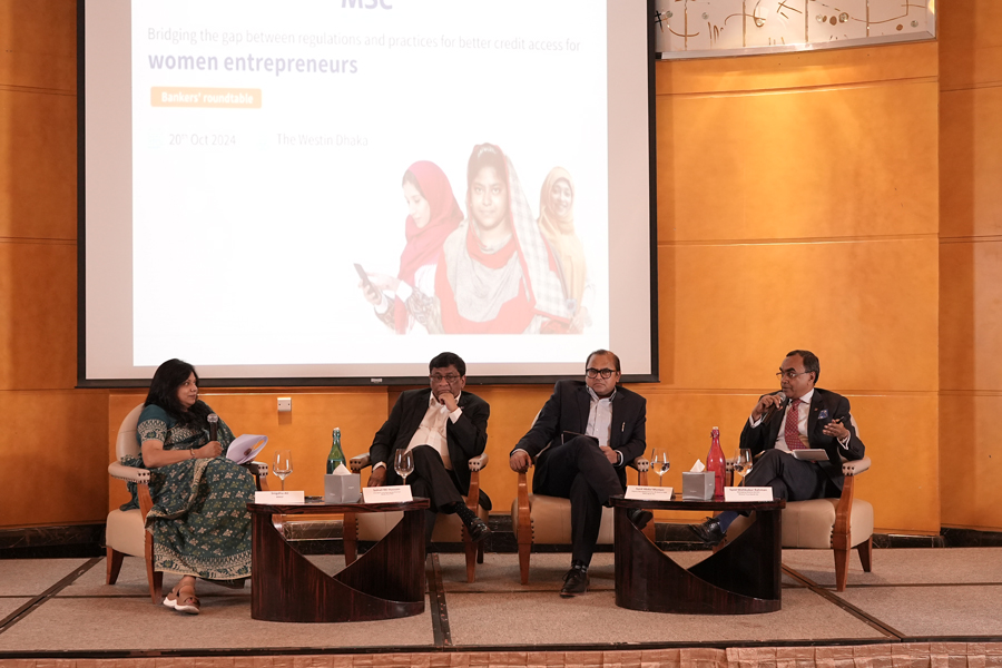 MicroSave Consulting (MSC), with support from the Bill & Melinda Gates Foundation, hosted a bankers’ roundtable titled 'Bridging the Gap: Regulation and Practices for Better Credit Access to Women Entrepreneurs' at a Dhaka city hotel on Sunday. The event featured a fireside chat moderated by Snigdha Ali (On the left), Bangladesh Country Lead for Financial Services for the Poor at the foundation. From second left, Sohail RK Hussain, president and managing director of Bank Asia PLC; and Syed Abdul Momen, deputy managing director and head of SME at BRAC Bank PLC; and Syed Mahbubur Rahman, managing director and CEO of Mutual Trust Bank PLC, attended and spoke at the event.