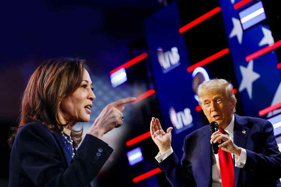 The collaged photo of Donald Trump and Kamala Harris