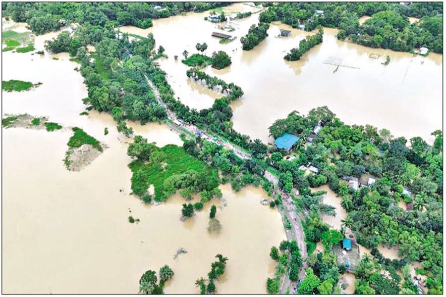 An aerial drone photo taken on August 23, 2024 shows a flood-hit village in Cumilla, Bangladesh — Xinhua Photo