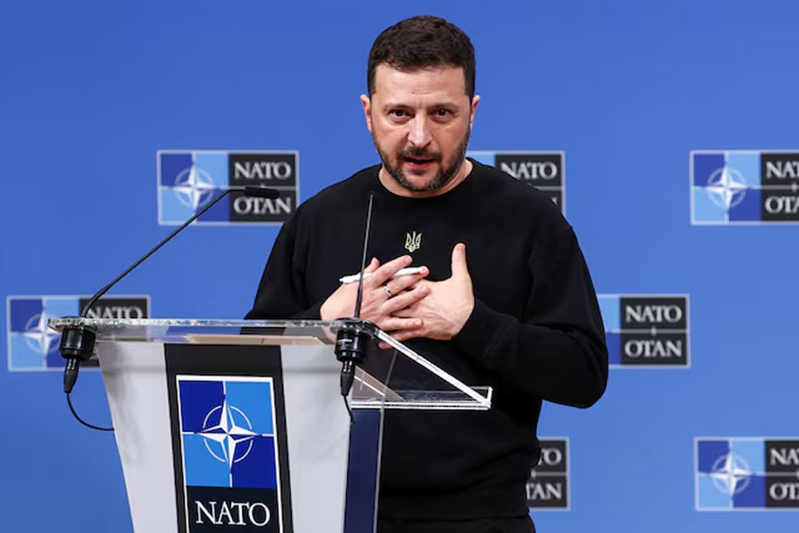 Ukraine's President Volodymyr Zelenskiy attends a press conference, at the NATO headquarters in Brussels, Belgium October 17, 2024.