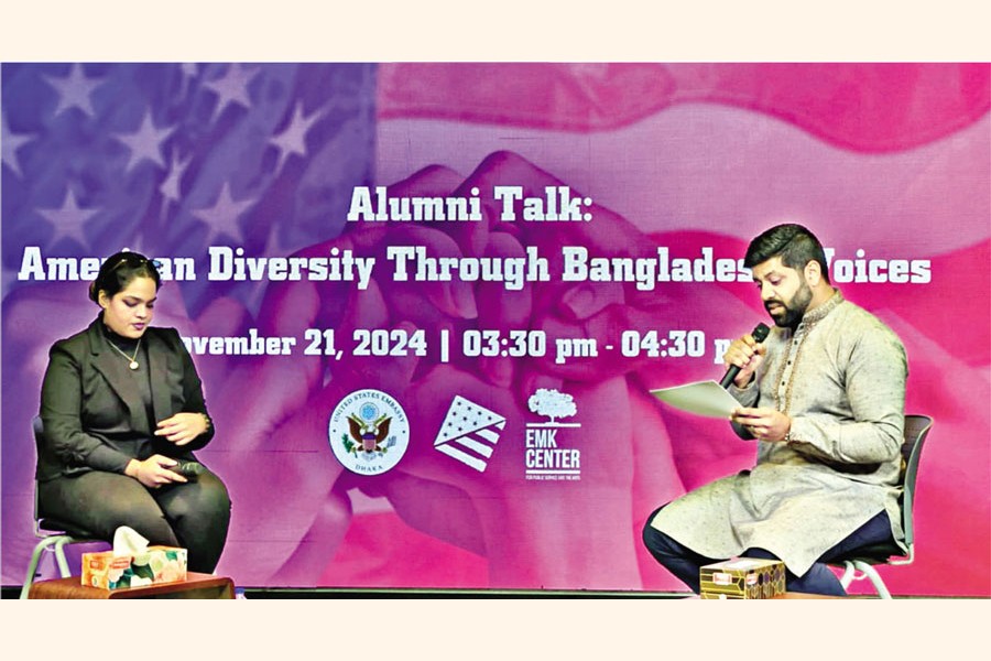 Vice Consul of US Embassy in Dhaka Sajay Menon (at the right) talks with Raisona Alam at the embassy's third session on "Alumni Talk: American Diversity through Bangladeshi Voices" in Dhaka recently