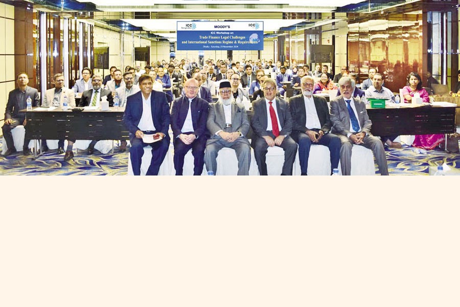 ICC Bangladesh President Mahbubur Rahman (3rd from left) attended as the chief guest the closing session of the ICC workshop on 'Trade Finance Legal Challenges and International Sanctions Regime & Requirements' held in Dhaka on Saturday. Also seen in the picture are ICCB Secretary General Ataur Rahman (2nd from right), ICC UAE Director & Workshop Resource Person Vincent O' Brien (2nd from left), Mohamed Daoud, Director and Industry Practice Lead for Moody's Financial Crime Compliance, Middle East & India, (3rd from right); Masood Hussain, Regional Sales Director of China Systems for Middle East (extreme right) and ICCB General Manager Ajay B. Saha (extreme left)
