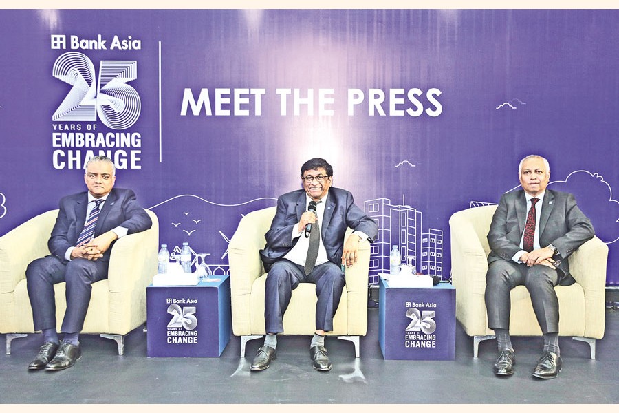 Bank Asia Managing Director (MD) Sohail RK Hussain (in the middle) briefed reporters on the bank's successes at a press conference on the occasion of the 25th founding anniversary of the organisation at a city hotel on Tuesday, while Additional Managing Directors Shafiuzzaman (right) and A. N. M. Mahfuz (Left) were also present