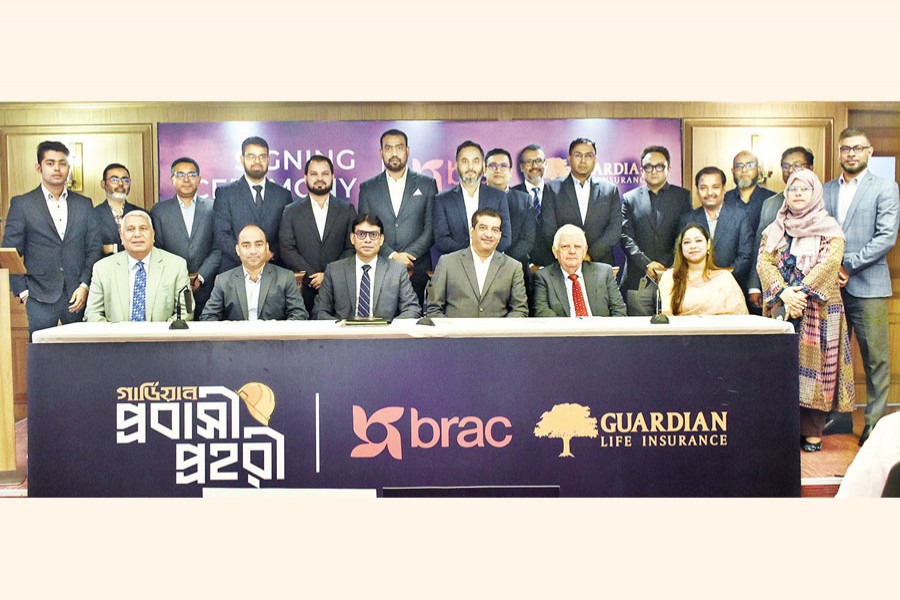 NEW INSURANCE POLICY FOR MIGRANT WORKERS LAUNCHED: BRAC and Guardian Life Insurance Limited have signed an agreement to jointly launch a new insurance policy named 'Guardian Probashi Prohori', aiming to ensure financial security of migrant workers. The agreement was signed by Sheikh Rakibul Karim, Chief Executive Officer of Guardian Life, and Arinjoy Dhar, Senior Director of BRAC Microfinance, at the Metropolitan Chamber of Commerce and Industry (MCCI) office in Dhaka on Wednesday. Mohammad Belayet Hossain, Associate Director of BRAC, David Griffiths, Director of Guardian Life, and Abdul Halim, Head of Microinsurance, along with other senior officials from both organisations were present at the event