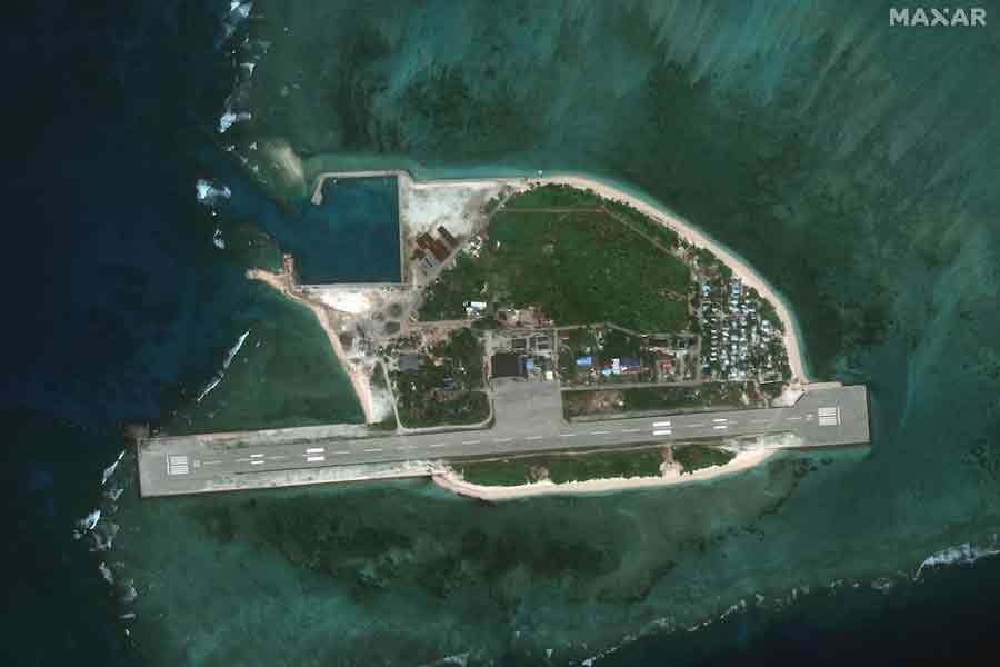 A satellite image appears to show an overview of Thitu Island in the South China Sea, November 25, 2024.