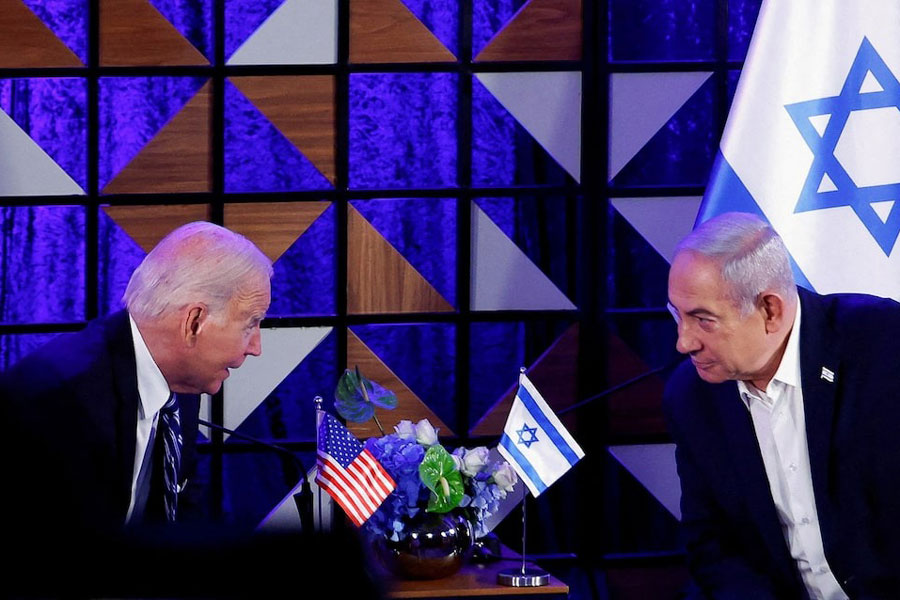 US President Joe Biden attends a meeting with Israeli Prime Minister Benjamin Netanyahu in Tel Aviv, Israel, October 18, 2023.