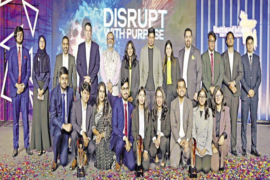 Members of the champion, first and second runners-up teams with Dhaka University Vice-chancellor Professor Niaz Ahmed Khan, BAT Bangladesh officials and other guests at the "Battle of Minds” finale held recently in Dhaka