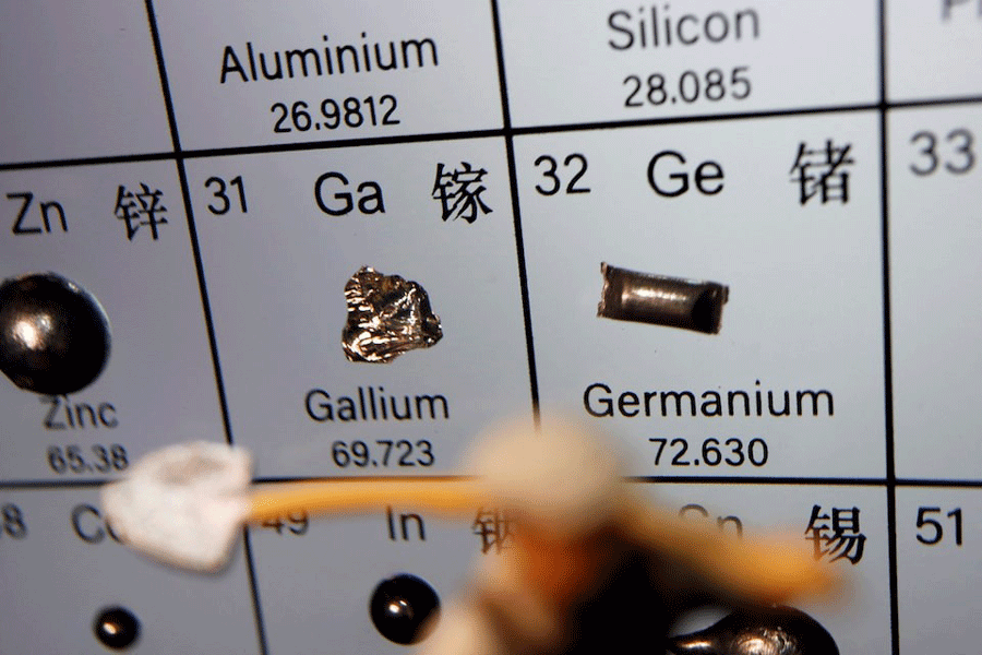 A worker miniature is placed near the elements of Gallium and Germanium on a periodic table, in this illustration picture taken on July 6, 2023.