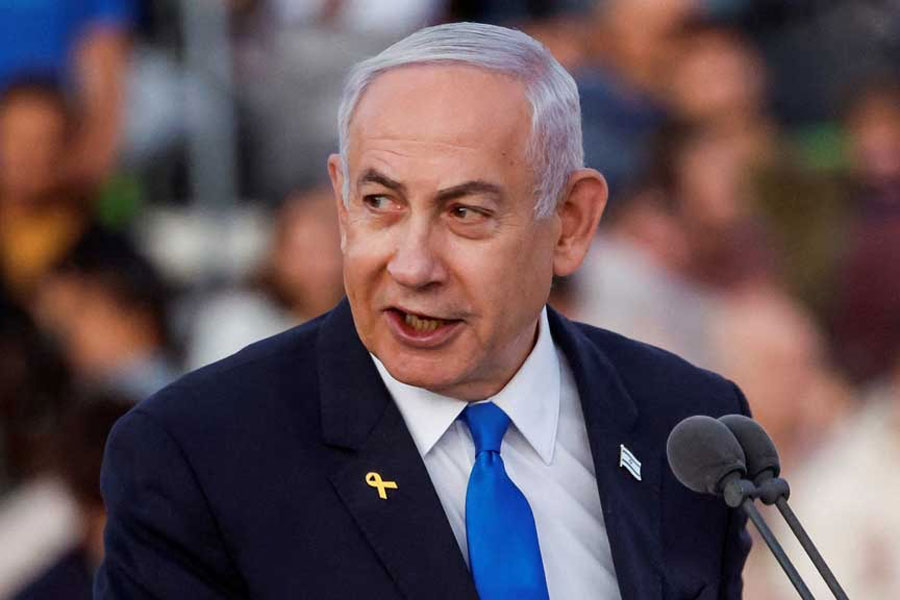 Israeli Prime Minister Benjamin Netanyahu speaks at a ceremony for military combat officers at an army base near Mitzpe Ramon, Israel, Oct 31, 2024.