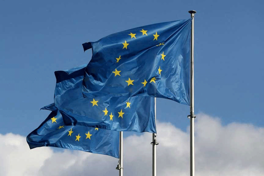 European Union flags fly outside the EU Commission headquarters in Brussels, Belgium Sept 19, 2019.