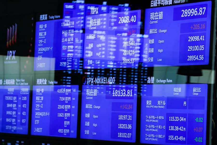 Monitors displaying the stock index prices and Japanese yen exchange rate against the US dollar are seen after the New Year ceremony marking the opening of trading in 2022 at the Tokyo Stock Exchange (TSE) in Tokyo, Japan January 4, 2022.