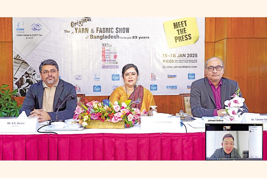 Meherun N Islam, president and group managing director of CEMS Global, speaks at a press conference on the 23rd Dhaka International Yarn and Fabric Show 2025 in the capital on Monday