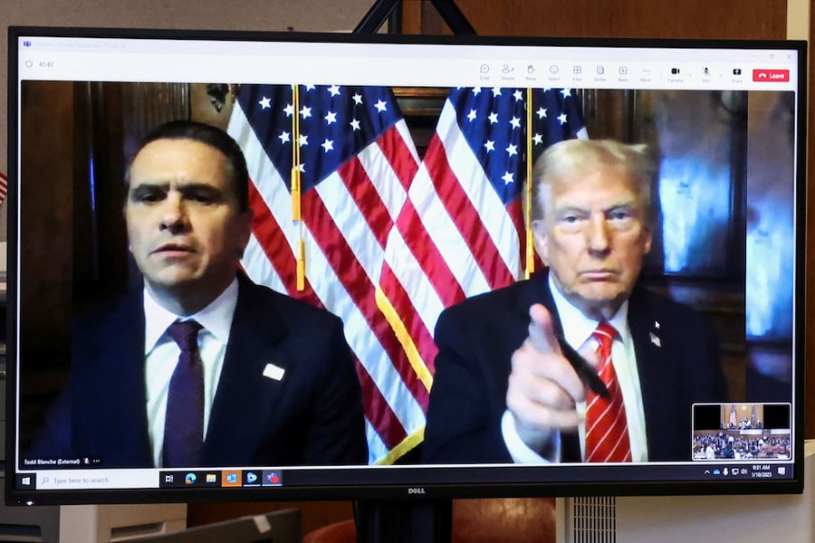 US President-elect Donald Trump appears remotely for a sentencing hearing in front of New York State Judge Juan Merchan in the criminal case in which he was convicted in 2024 on charges involving hush money paid to a porn star, at New York Criminal Court in Manhattan in New York City, US, January 10, 2025.