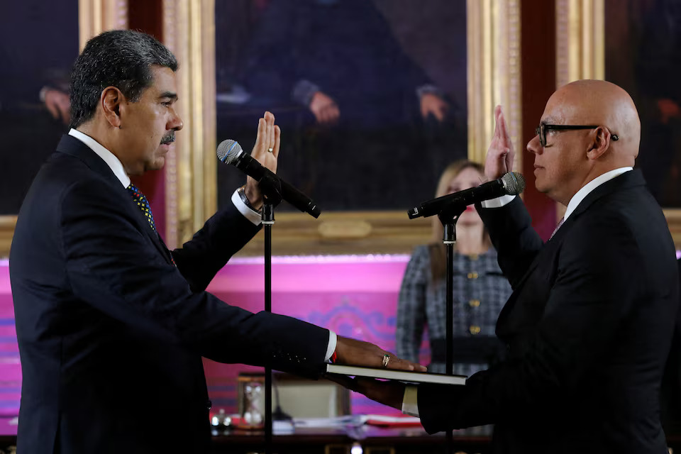 Venezuela's President Nicolas Maduro is sworn in by President of the National Assembly Jorge Rodriguez for a third six-year term, in Caracas, Venezuela on January 10, 2025 — Handout via Reuters