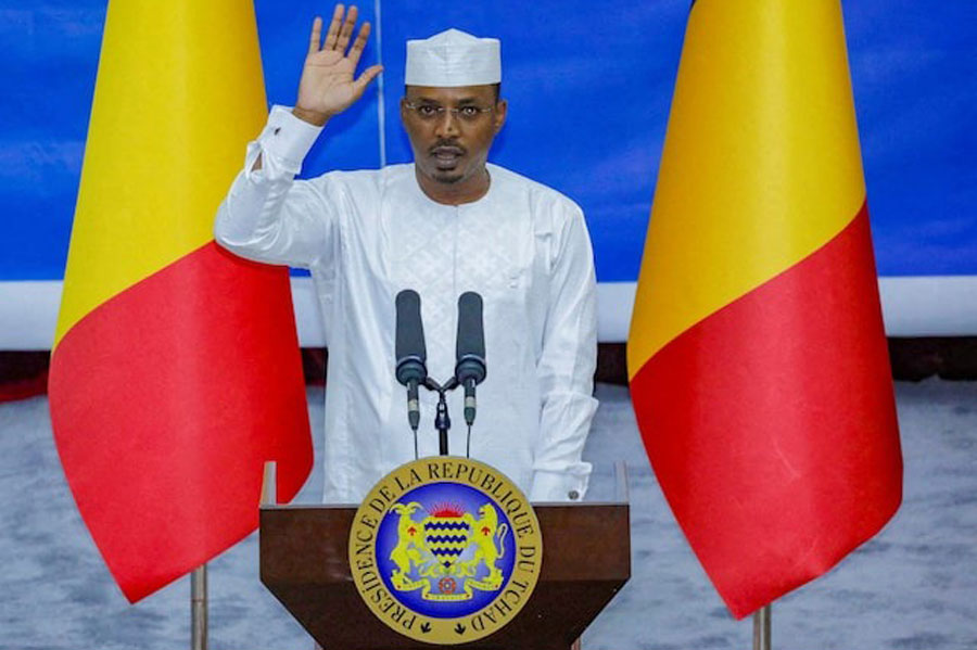 Chad President Mahamat Idriss Deby raises his hand during his inauguration ceremony in N’djamena, Chad May 23, 2024.