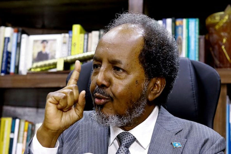 Somalia's President Hassan Sheikh Mohamud speaks during an interview with Reuters, in his office in Mogadishu, Somalia February 20, 2024.