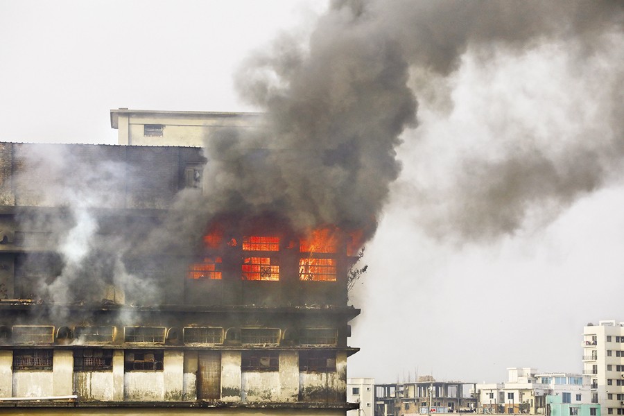 Smoke billowing out after a massive fire broke out in Phoenix Leather Complex in the capital's Hazaribagh area on Friday.