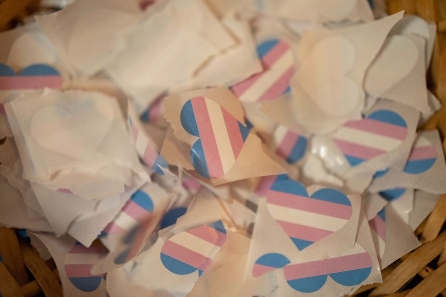 Stickers in the shape of a heart with a trans flag are pictured in Doylestown, Pennsylvania, US, March 29, 2023.