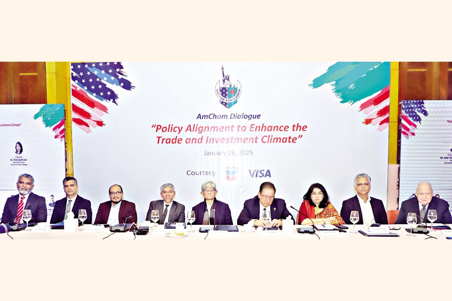 Finance adviser Dr Salehuddin Ahmed, NBR chairman Md Abdur Rahman Khan, Apex Footwear managing director Syed Nasim Manzur and CPD executive director Dr Fahmida Khatun, among others, at a dialogue hosted by the AmCham at a city hotel on Sunday.