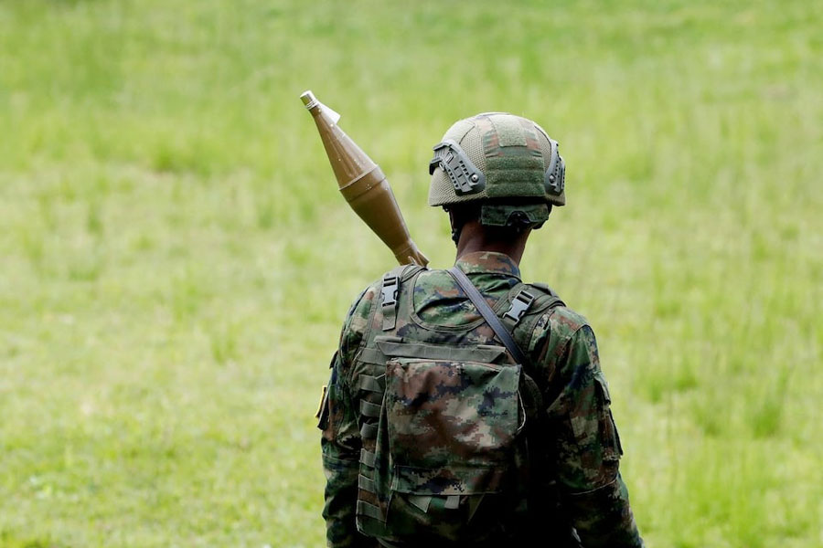A Rwanda Defence Force (RDF) soldier stands in position at the Grande Barrier border amid clashes between M23 the Armed Forces of the Democratic Republic of the Congo (FARDC), at the border crossing point at Gisenyi, in Rubavu district, Rwanda, January 29, 2025.