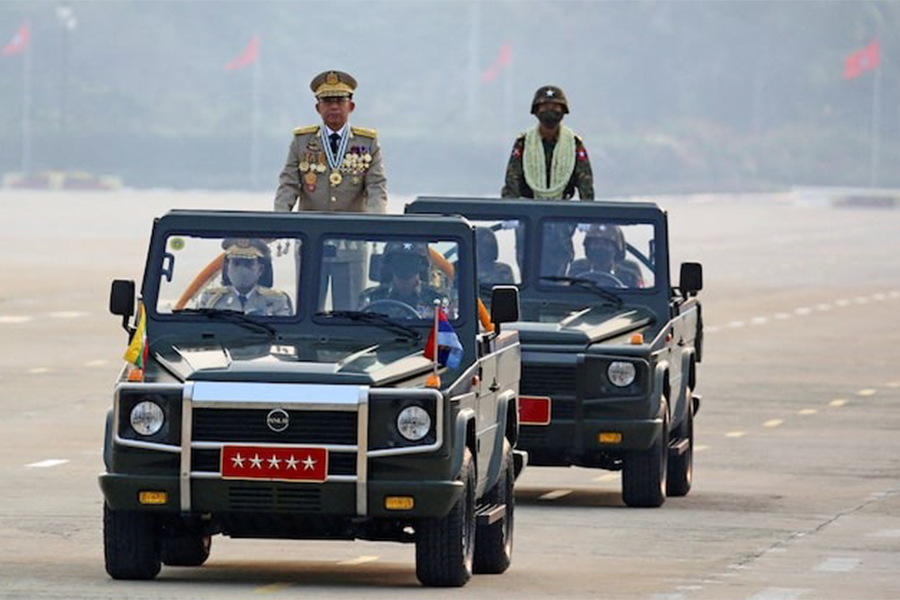 Myanmar's junta chief Senior General Min Aung Hlaing, who ousted the elected government in a coup on February 1, presides an army parade on Armed Forces Day in Naypyitaw, Myanmar on March 27, 2021 — Reuters/Files