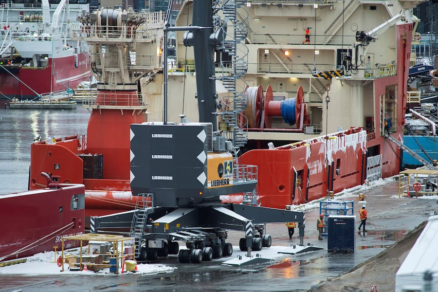 Supply ships that service the offshore oil rigs on Canada’s east coast load cargo in St John’s, Newfoundland, Canada, February 1, 2025 after tariffs were imposed by the US on Canadian exports.