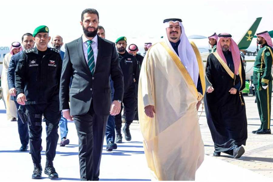 Syria’s newly appointed president for a transitional phase Ahmed al-Sharaa is welcomed by Mohammed bin Abdulrahman bin Abdulaziz, Deputy Governor of Riyadh Region, in Riyadh, Saudi Arabia, Feb 2, 2025.