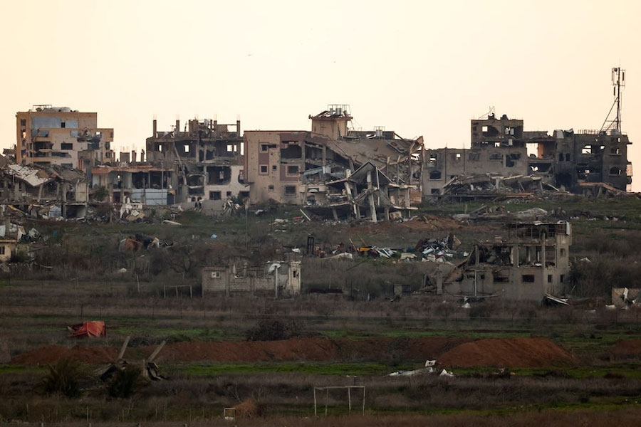 Buildings lie in ruin in North Gaza, amid a ceasefire between Israel and Hamas, as seen from Israel, February 12, 2025.