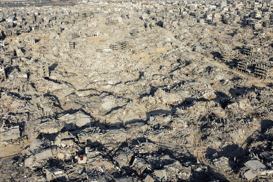 A drone view shows houses and buildings lying in ruins, following a ceasefire between Israel and Hamas, in Jabalia in the northern Gaza Strip, January 19, 2025.
