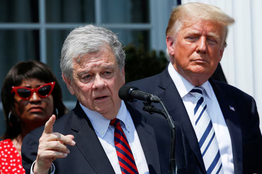 Attorney John Coale speaks next to former US President Donald Trump at Trump golf club in Bedminster, New Jersey, US on July 7, 2021. — Reuters/Files