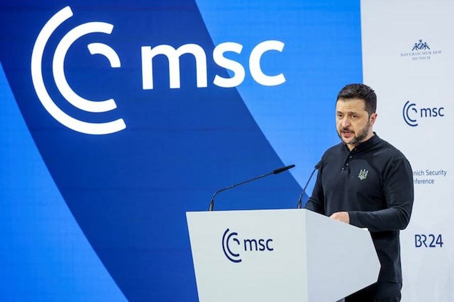 Ukraine's President Volodymyr Zelenskiy speaks during the Munich Security Conference (MSC) in Munich, Germany, February 15, 2025.