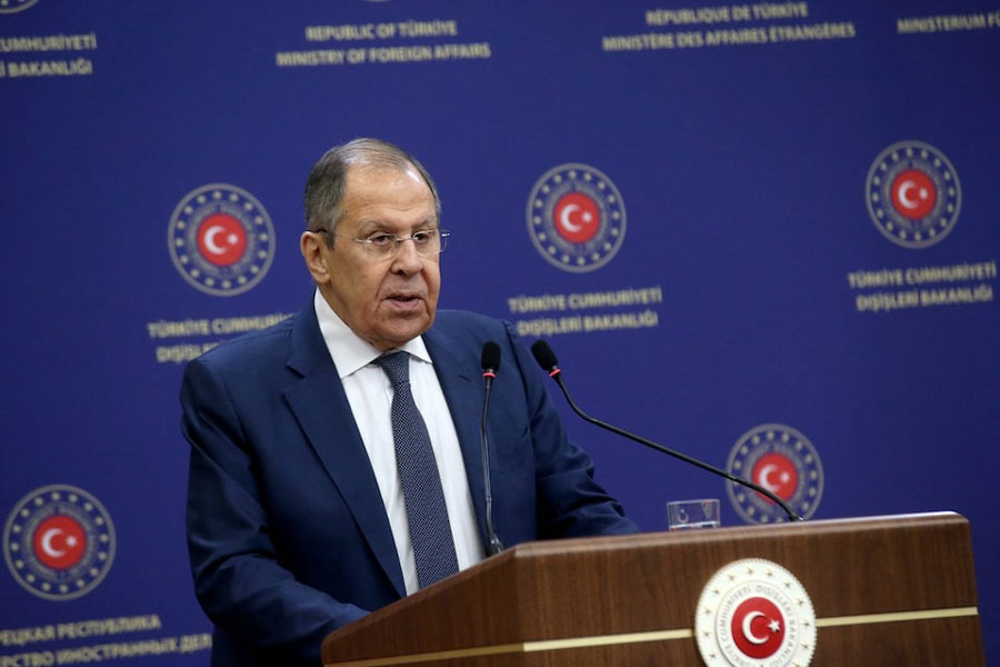 Russian Foreign Minister Sergei Lavrov holds a press conference with his Turkish counterpart Hakan Fidan (not pictured) in Ankara, Turkey, February 24, 2025.