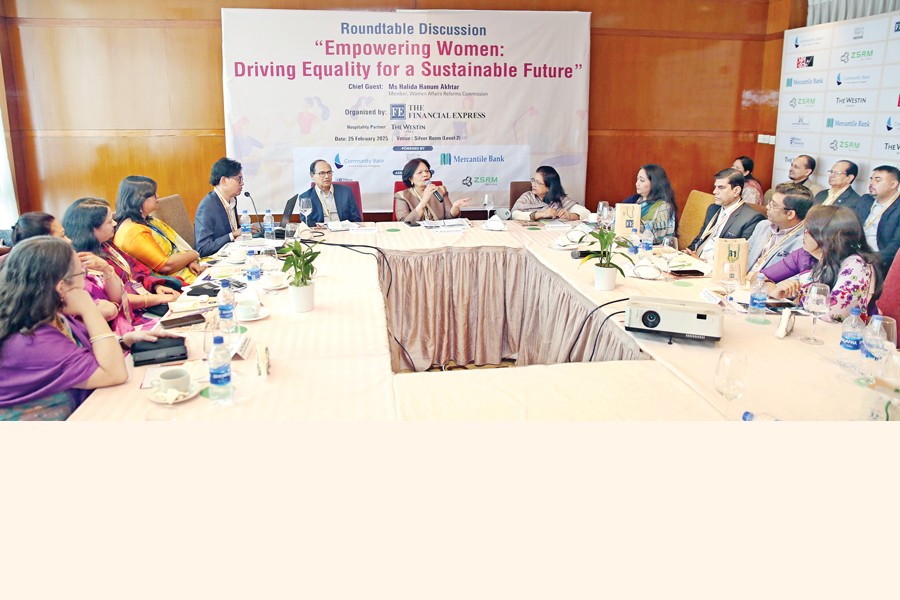 Dr Halida Hanum Akhtar, member of the Women's Affairs Reform Commission, as the chief guest addressing a roundtable discussion titled "Empowering Women: Driving Equality for a Sustainable Future" at the Westin Dhaka in the capital on Tuesday, marking International Women's Day. On her right is Shamsul Huq Zahid, Editor and CEO of The Financial Express, while on her left is Kakoli Jahan Ahmed, executive director of Bangladesh Bank