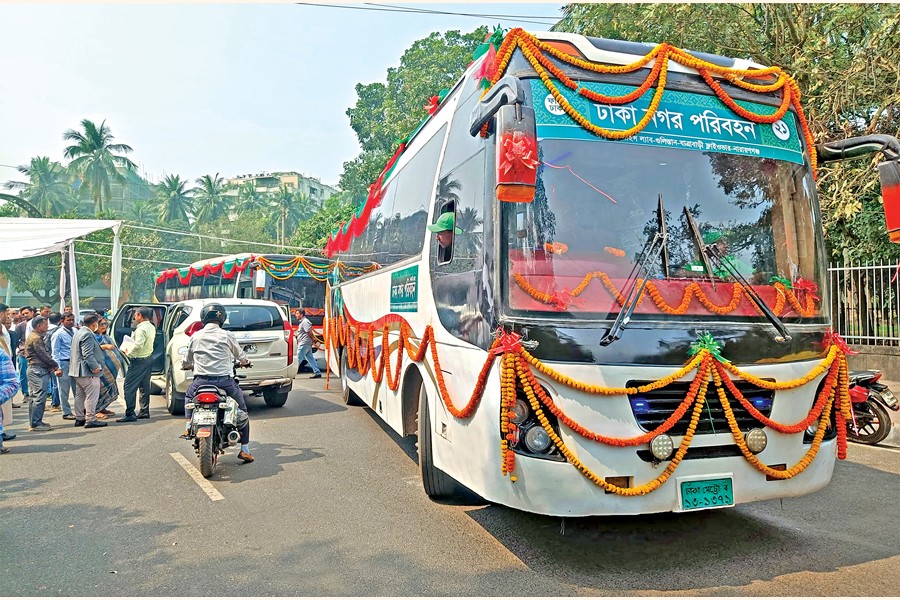 Dhaka Nagar Paribahan resumes its service with air-conditioned buses on a new route under the green cluster on Tuesday. The buses will operate between Gabtoli and Narayanganj