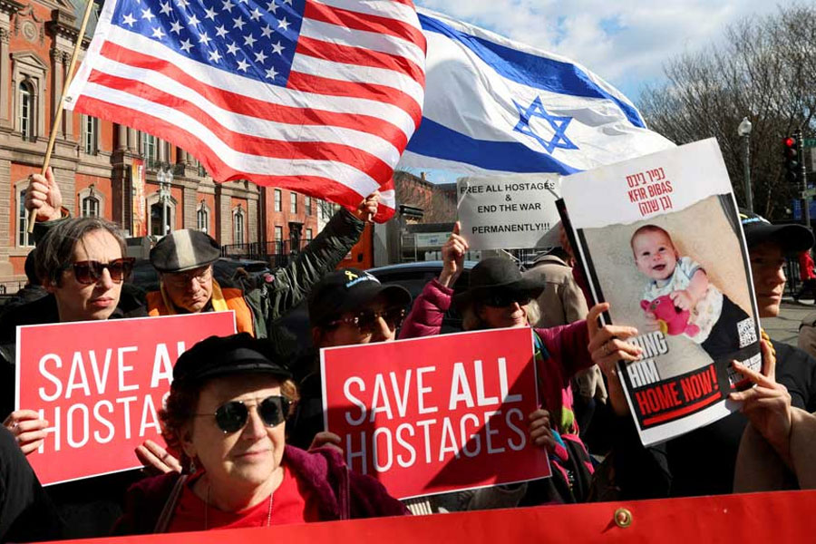 Supporters and relatives of hostages held in Gaza gather in front of the White House, as Israeli Prime Minister Benjamin Netanyahu is scheduled to meet with US President Donald Trump in Washington, US, Feb 4, 2025.